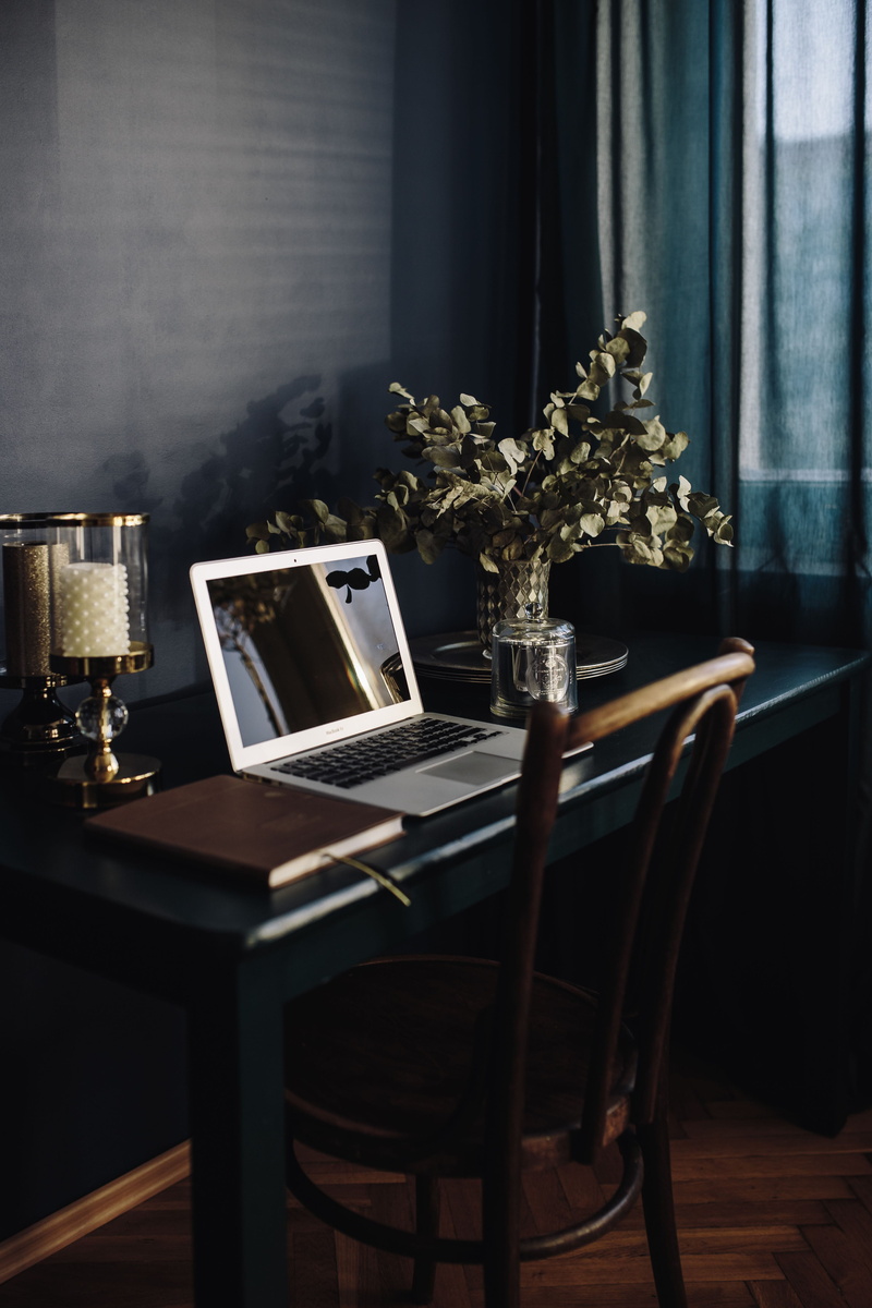 wood - material, electric lamp, office space, office, working, wooden chair, agenda, tech, curtain, laptop, interior design, macbook, golden accessories