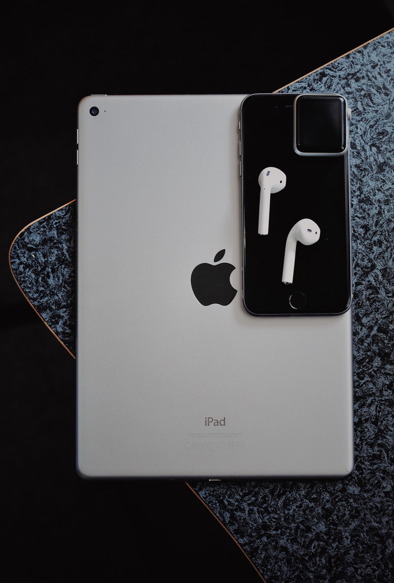 product, desk, airpods, connection, smart phone, portable information device, still life, minimal, tray, studio shot, close-up, no people, directly above