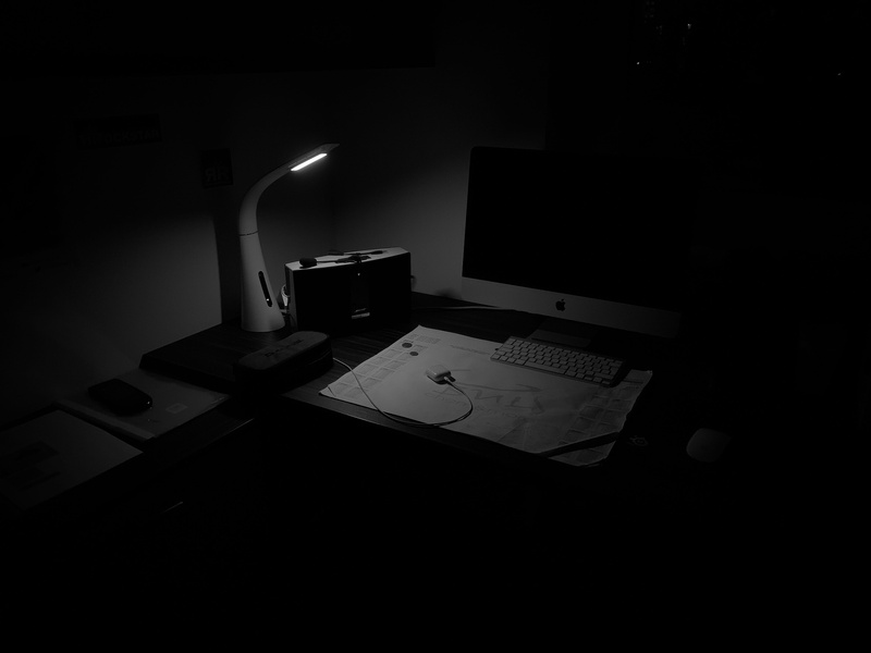indoors, computer equipment, dark mood, desk, computer monitor, keyboard, computer keyboard, display, screen, lighting equipment, business, technology