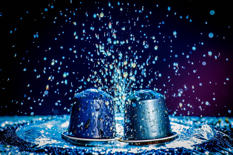capsules, black background, blue, impact, raindrop, studio shot, 1080P, splashing, drops, close-up, belgium, indoors, aalst, drop, rain, wet, nespresso