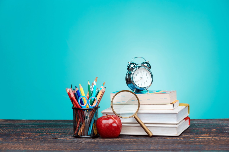 alarm clock, scissors, pencils, table, brush, the office, Apple, magnifier, watch, 5K, background, books
