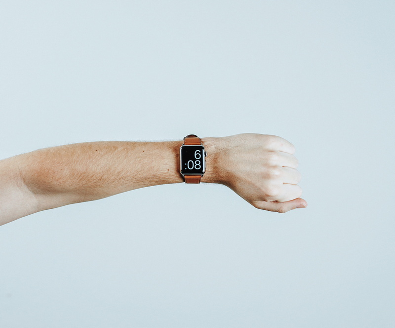 clock, Apple Watch, leather strap, human body part, human limb, colored background, wristwatch, aluminum, studio shot, at 6, men, human Hand, people, brown