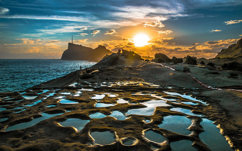 pools, tidal, 1080P, sunset, seacoast, coast