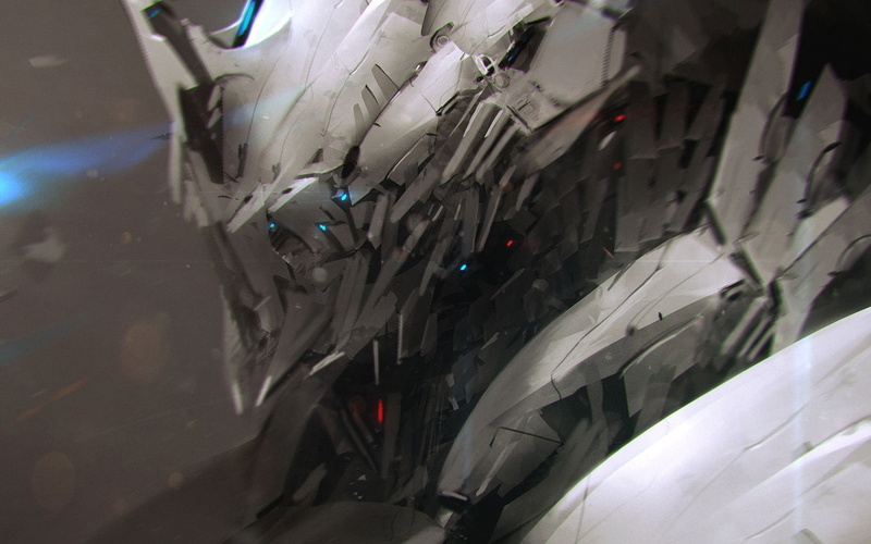 fantasy art, science fiction, artwork, stationary, reflection, gray, group, street, no people, city, outdoors, motor vehicle, mech, mode of transportation