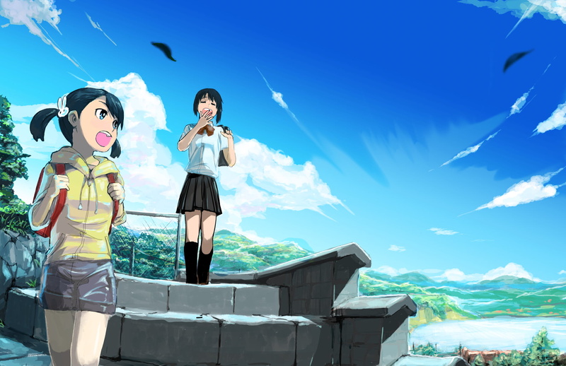 1080P, outdoors, anime girls, girl, blue, standing, cloud - sky, full length, jacket, leisure activity, women, s, yellow, Miyamizu Mitsuha, emotion, females