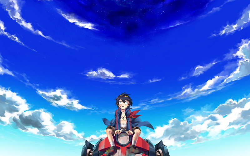 boy, low angle view, cloud - sky, ride, people, leisure activity, two people, anime, transportation, Tengen Toppa Gurren Lagann, adventure, 1080P, portrait