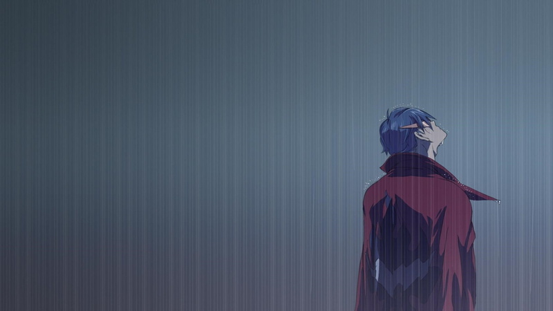 obscured face, haired, Kamina, 1080P, outdoors, blue, anime, built structure, clothing, rear view, leisure activity, three quarter length, red