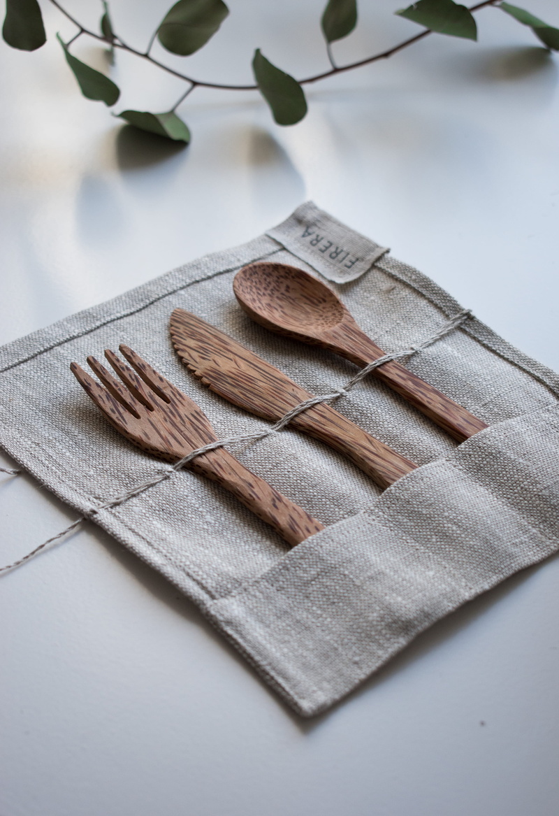reusable, table knife, wooden spoon, paper, napkin, still life, selective focus, indoors, kitchen utensil, coconut, zero waste shopping, handmade, plant part