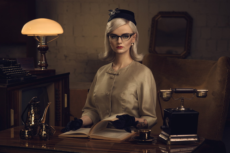 coffee pot, retro, book, gloves, Cup, phone, typewriter, hat, lamp, 1080P, table, blonde, Secretary, glasses, girl