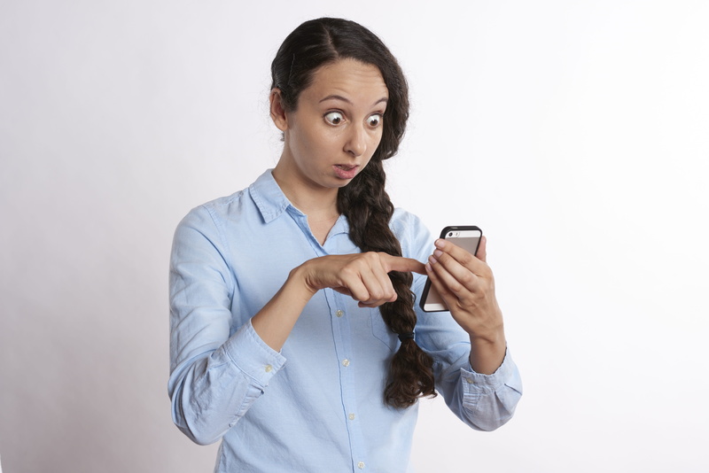 communication, white background, anxious, blue, indoors, gold, woman, bumper, smartphone, portrait, job interview, attractive, phone, long, content marketing