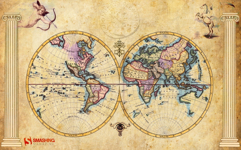 smashing, magazine, grunge, 720P, globes, pillars, maps, artwork, cupid, drawings, vintage