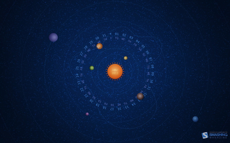 solar, artwork, Calendar, Magazine, Smashing, background, sun, 2K, Circles, planets, January, system, blue
