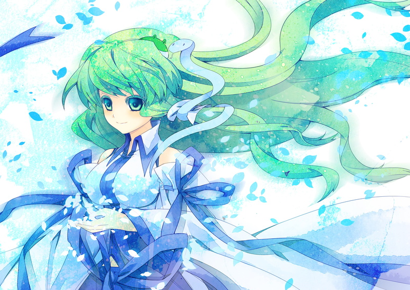 Aya003030, green hair, big eyes, art, tape, Project East, white snake, 2K, Touhou Project, Kochi Have Done The Art, priestess, petals