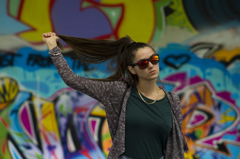 painting, front view, mural, sunglasses, hair, leisure activity, accessories, art, glasses, person, 5K, multi colored, casual clothing, human arm, girl
