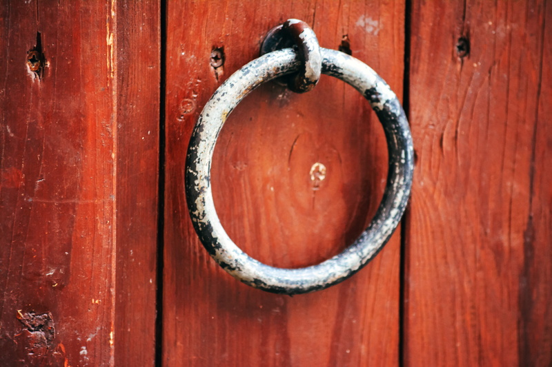 door knocker, circle, security, knock, shape, ring, protection, wood, wood grain, red, wood - material, ornate, come in, no people, old, gate, door, outdoors
