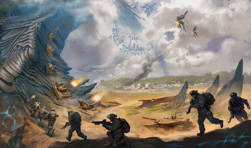 the artist V. G., watercolor, art, the cycle of the earth, pencil, gouache, battle future tanks anti-aircraft guns, 1080P, soldiers, painting, ., Stairway to Heaven