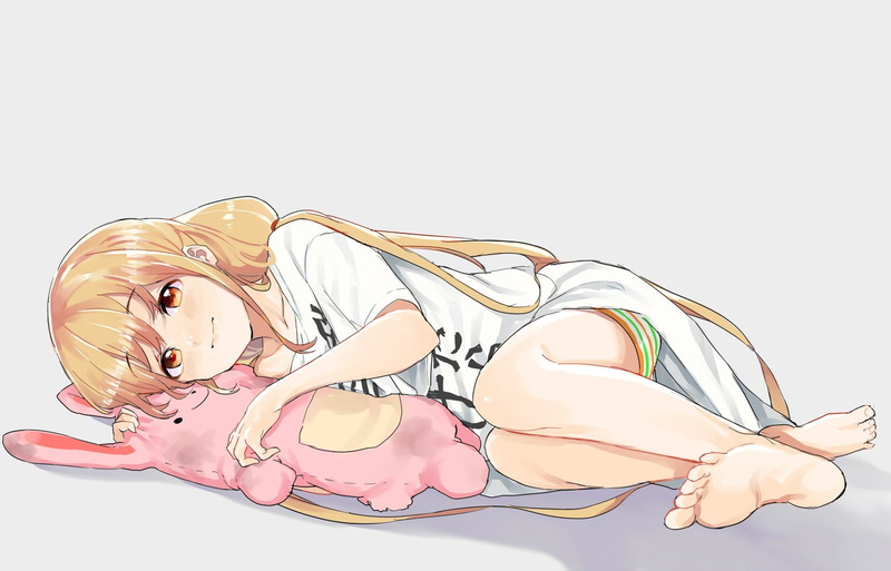 orange, eyes, futaba, girls, aliasing, pajamas, anzu, blonde, long, bunny, nes, barefoot, pinch, shorts, 720P, blush, cinderella, idolmaster, hair