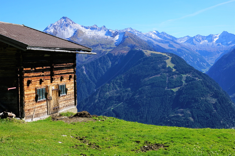 no people, alm, sky, snowcapped mountain, tree, landscape, scenics - nature, beauty in nature, building exterior, meadow, tranquility, day, autumn, alp