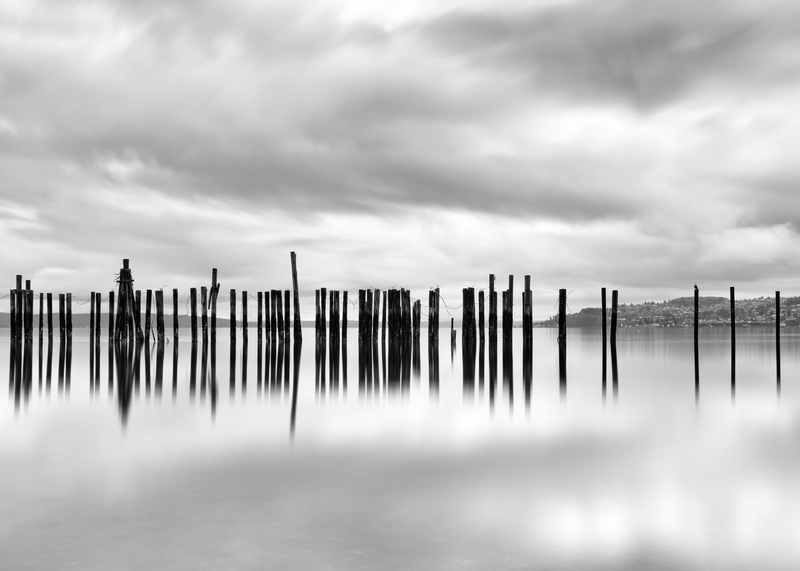 photo, Pacific Northwest, monochrome, Unify, B+W, f/2, 1000x, water, tacoma, tranquil Scene, black and white, wood - Material, USM, sky, pillars, lake