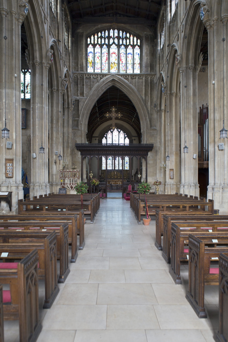 glass, st john the baptist church, architectural column, religion, cirencester, seat, day, stained glass windows, aisle, interior, no people, wooden pews