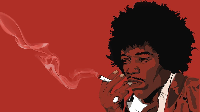 looking, creativity, indoors, smoking, fan art, music, side view, adult, joints, Jimi Hendrix, colored background, silhouette, aggression, 1080P, young adult