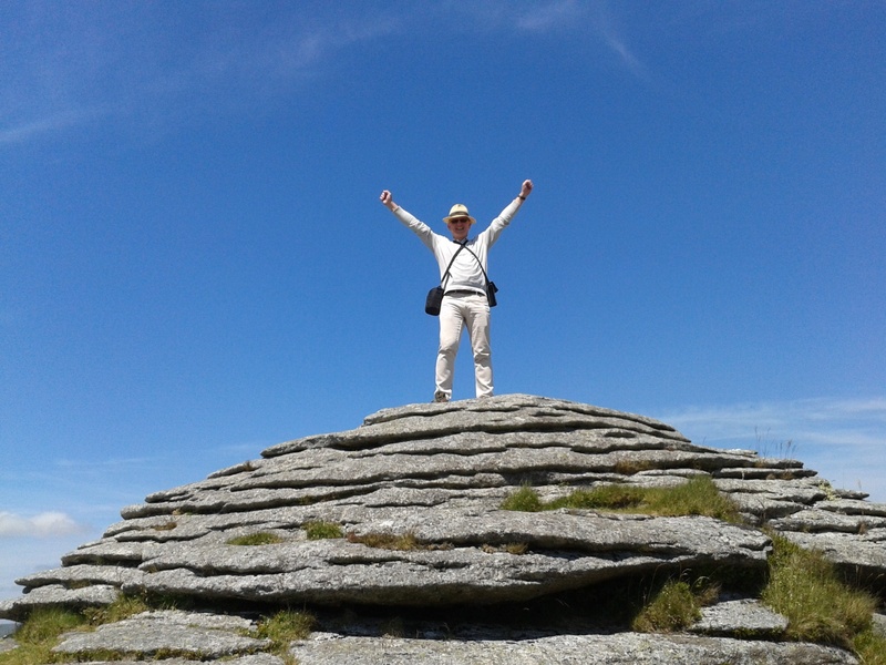 arms outstretched, standing, leisure activity, man, goal achieved, tor, dartmoor, full length, elation, arms raised, lifestyles, solid, blue, sky, motivation
