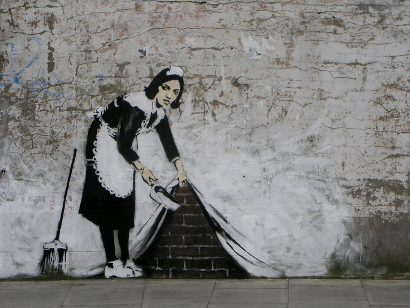 curtain, young adult, Artistic, caucasian Ethnicity, woman, wall - Building Feature, architecture, painting, Banksy, standing, scarf, full length, building exterior