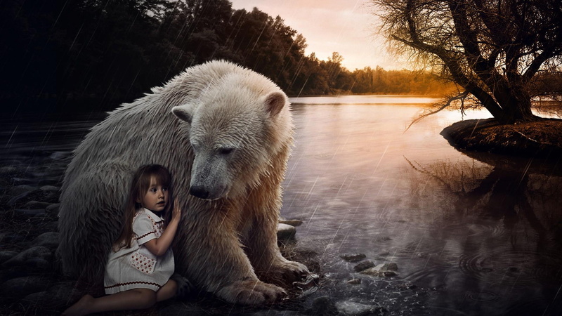 ran, icebear, tree, bear, child, fantasy, mammal, 1080P, lake, water, ice bear