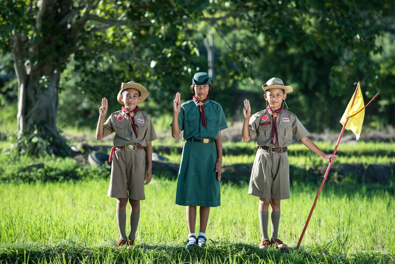 scouting, wearing, tartan, outside, teens, promise, 5K, young, patriotism, asia, tree, outdoors, the symbol, people, friendship, portrait, full length