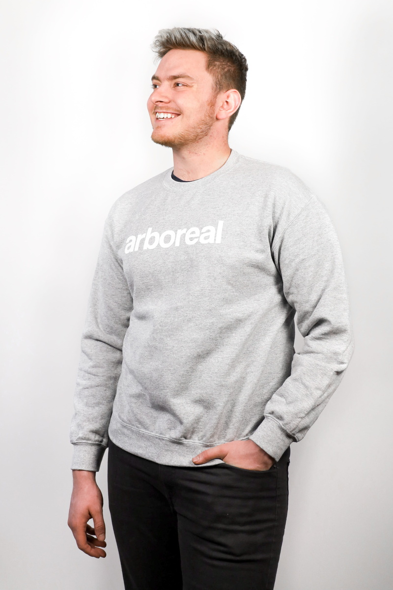 swearing, casual clothing, side, three quarter length, one person, 5K, front view, white background, happiness, right, sweater, studio shot, gray, looking