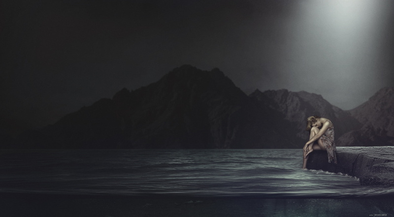 painting, women, nature, tranquility, scenics - nature, tragedy, real people, water, sea, Creative, fear, adult, sitting, mountain, lifestyles, Aero, beside