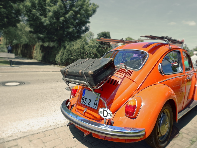 oldtimer, holiday, motor vehicle, vw, tree, oldi, plant, mode of transportation, beetle, city, sunlight, near, coupe, orange color, 4K, stationary, outdoors