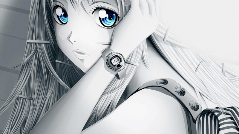 blue eyes, anime girl, girl, neck, monochrome, black and white, anime, anime art, mangaka, 1080P, long hair, illustration, artwork