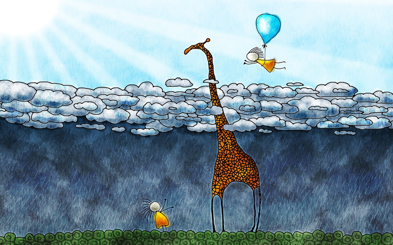 Vladstudio, balloon, clouds, anime, rain, flying, children, giraffes, Sun, drawing, nature, 2K, artwork, sun rays, fantasy art, animals