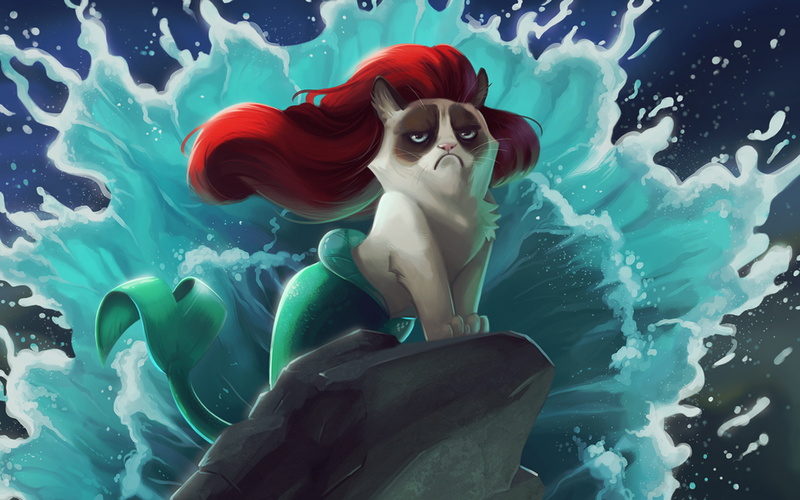 cartoon, grumpy cat, download 3840x2400 Cat, 4K, cat, mermaid backgrounds
