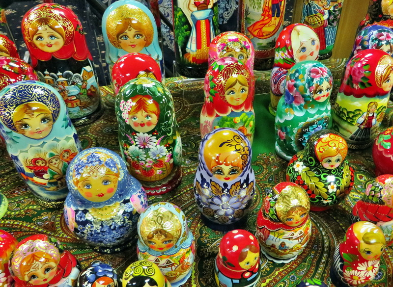 indoors, multi colored, high angle view, retail display, representation, collection, no people, creativity, art and craft, moscow, full frame, babushkas