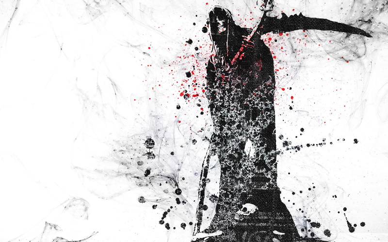 White Background, Paint Splatter, dots, Hoods, artwork, grim reaper, Gothic, death, digital art, smoke, spooky, skull, scythe, 1080P, Selective Coloring
