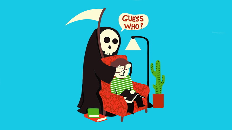 animal, art and craft, illustration, chair, green color, cartoon, digital, colored background, reaper, the grim Reaper, symbol, creativity, emotion, characters