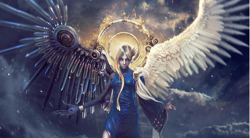 evil, angel, blue, blonde, 3d and abstract, vs, good, fantasy, 1080P