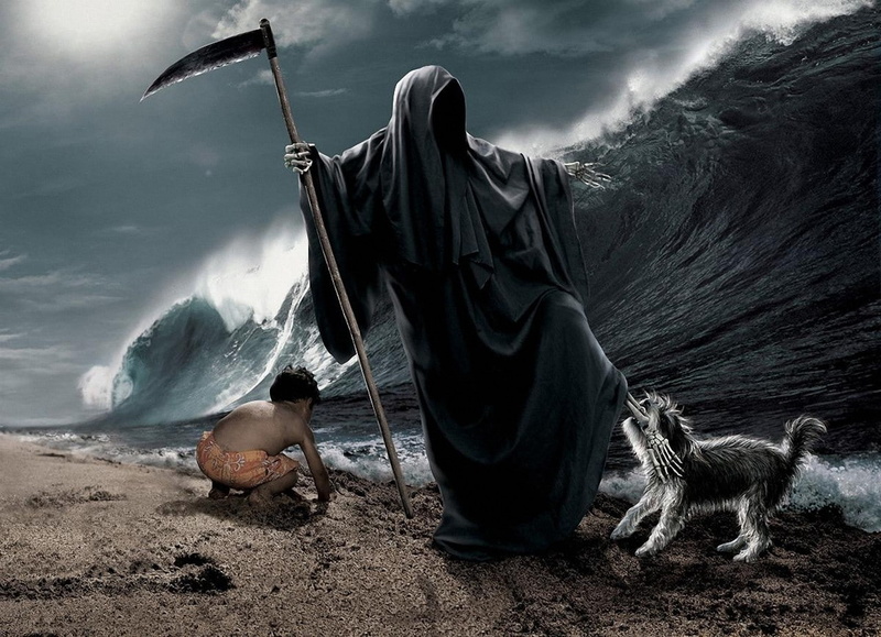 grim, reaper, Death, creative, art, ocean, 720P, dogs, scythe, waves, animals, funny, x, hd, sand