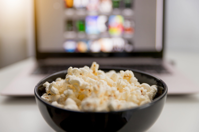 technology, control, remote control, domestic life, eat, television set, bowl, movies, popcorn, online, crockery, selective focus, dairy product, meal