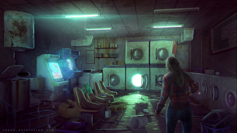 arcade, room, 720P, laundry, washing machine, dark, artwork, ArtStation