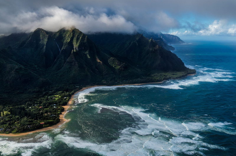 aerial view, environment, rock, Hawaii, scenics - nature, mountain range, outdoors, no people, motion, sport, cloud - sky, aquatic sport, mountains, birds eye view
