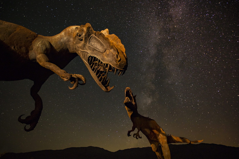 scenics - nature, dark, science, dinosaur, brown, travel, bone, milky way, outdoors, t, t-rex, mouth open, night, trex, animals in the wild, desert, astronomy