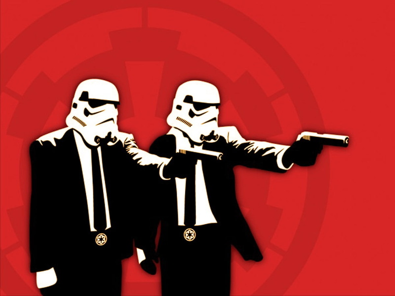 Pulp Fiction, red, security, protection, indoors, sign, Star Wars, people, front view, males, men, studio shot, 480P, red background, Pulp Fiction (parody)