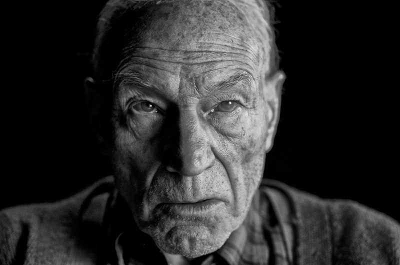 close-up, males, human face, eyebrow, men, portrait, stewart, adult, black background, Patrick Stewart, senior men, front view, looking at camera, studio shot