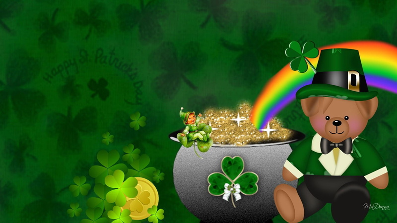 lucky, brown, gold coins, tuxedo, wearing, green, st patricks day, teddy, illustration, holiday, bear, irish, shamrock, 1080P, ireland, whimsical, teddy bear