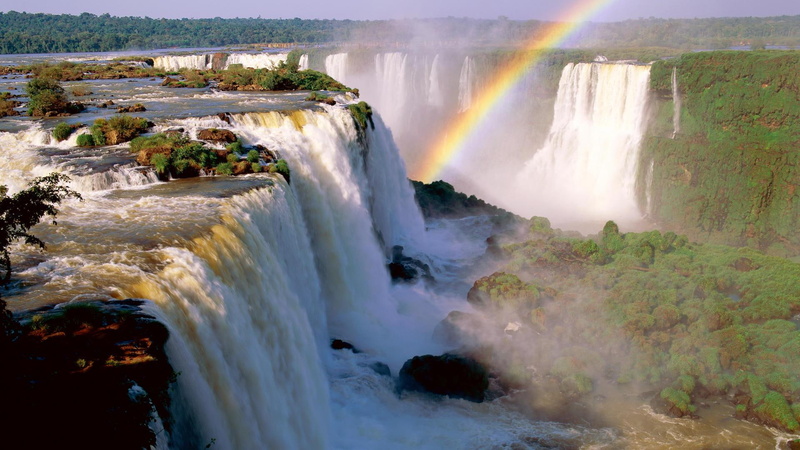 trees, falls, nature and landscapes, rainbow, waterfalls, 1080P, large, argentina, iguassu
