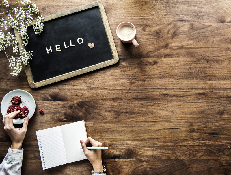 table, education, papers, wooden, flowers, woman, notepad, working, indoors, near, high angle view, message, coffee, handwriting, flatlay, wood, cookie