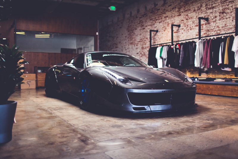 lighting Equipment, Liberty Walk 458, architecture, built structure, modern, coupe, black Color, city, neon, new, retail, showroom, shiny, street, land Vehicle